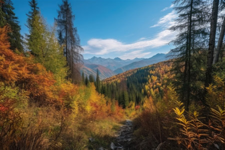 autumn forest hike with a view of mountain peaks and blue sky, created with generative aiの素材