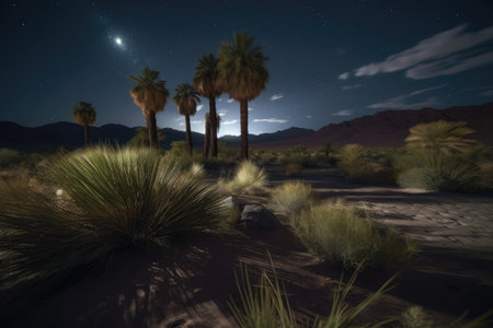 nighttime desert scene, with a full moon and starry sky above the oasis, created with generative aiの素材