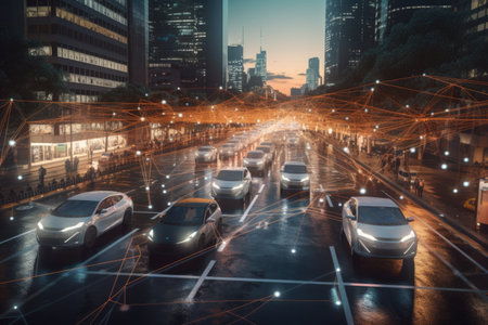 connected car, with view of busy city street, showing real-time traffic conditions, created with generative aiの素材