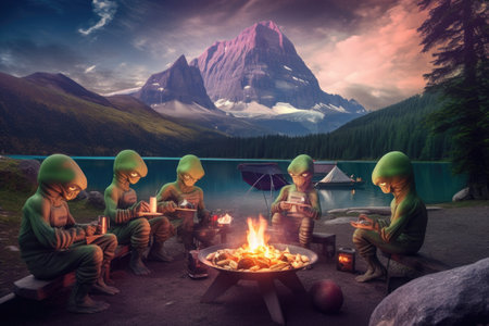 group of aliens cooking over campfire, while enjoying the view of a majestic mountain range, created with generative aiの素材