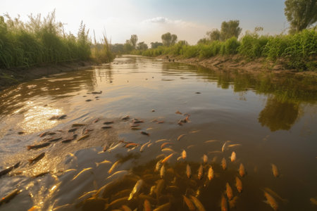 fish swimming in murky water surrounded by agricultural runoff, created with generative aiの素材