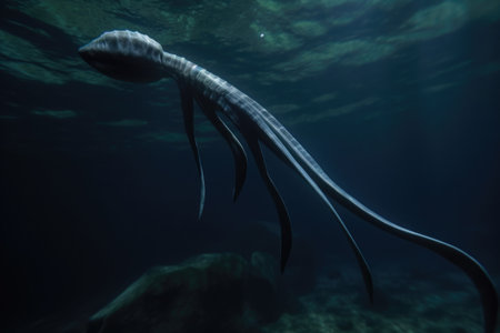 close-up of alien swimmer, showing its long and powerful tail, created with generative aiの素材