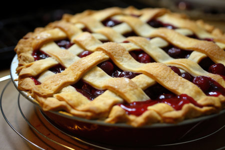 cherry pie with lattice crust and a sprinkling of sugar on top, created with generative aiの素材