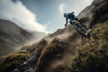 mountain biker taking on steep and challenging terrain, created with generative aiの素材