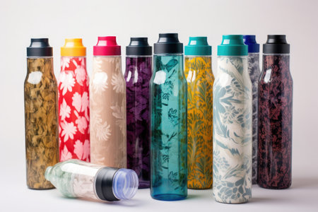 a stack of reusable water bottles in various colors and patterns, created with generative aiの素材
