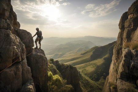adventurer rappelling down cliff face, with stunning view of the valley below, created with generative aiの素材