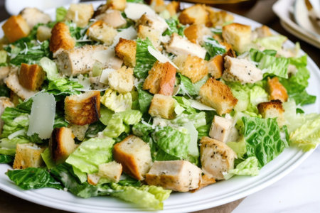 plate of chicken caesar salad, with rotisserie chicken, croutons and creamy dressing, created with generative aiの素材
