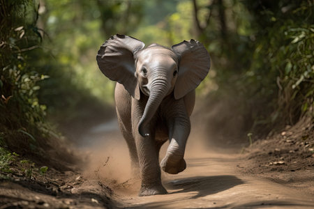 baby elephant running and playing in the wild, created with generative aiの素材