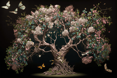 blossoming tree, surrounded by blooming flowers and butterflies, created with generative aiの素材