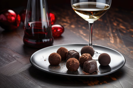 artfully arranged plate of chocolate truffles and glass of red wine, created with generative aiの素材