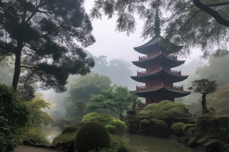 peaceful, misty morning at pagoda with trees and streams visible in the background, created with generative aiの素材