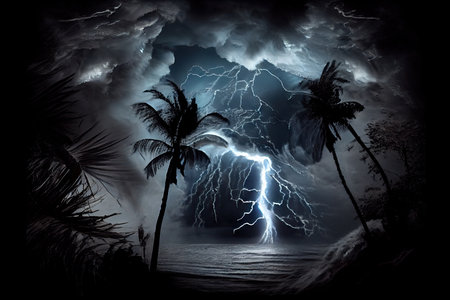 tropical cyclone, with lightning bolts flashing in the dark sky, created with generative aiの素材