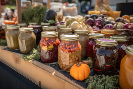 fermented foods display at farmers market, with fresh fruits and vegetables visible, created with generative aiの素材