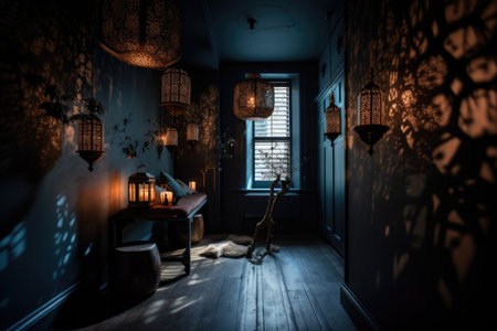 dramatic room, with unique lighting and shadows created by hanging lanterns, created with generative aiの素材