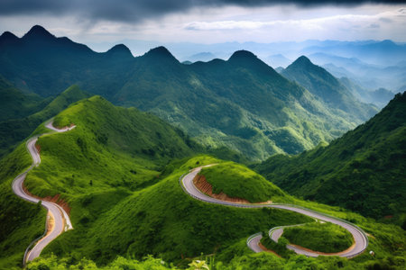 stunning mountain range with a winding road, surrounded by lush greenery, created with generative aiの素材