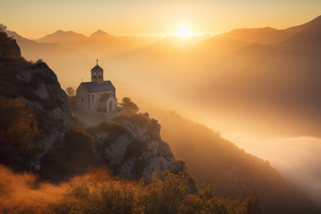 view of chapel surrounded by misty mountains with sunrise in the background, created with generative aiの素材