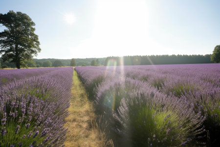 lavender field in full bloom, with the sun shining down, created with generative aiの素材