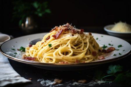 warm plate of spaghetti carbonara topped with crispy bacon, created with generative aiの素材
