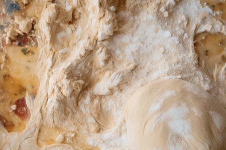 close-up of pizza dough, with visible traces of flour and other ingredients, created with generative aiの素材