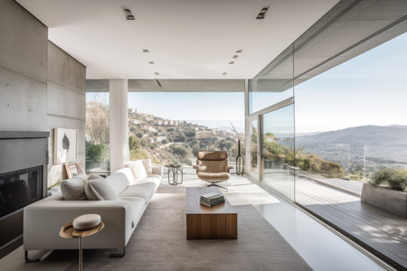 minimalist home, filled with natural light and stunning views of the outside, created with generative aiの素材