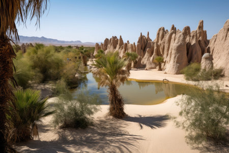 desert oasis, with view of towering rock formations and rolling sand dunes, created with generative aiの素材