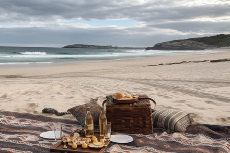 outdoor picnic with view of the beach, with sand and rolling waves in the background, created with generative aiの素材