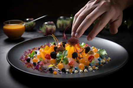 close-up of chefs hand, carefully arranging colorful and delicious ingredients on plate, created with generative aiの素材