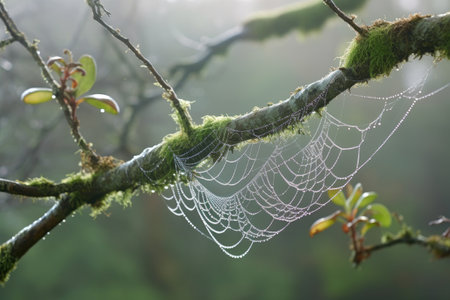 dew-covered spider web on dew-covered branch in misty morning, created with generative aiの素材