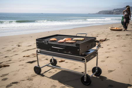 portable grill in beach setting with ocean view, created with generative aiの素材