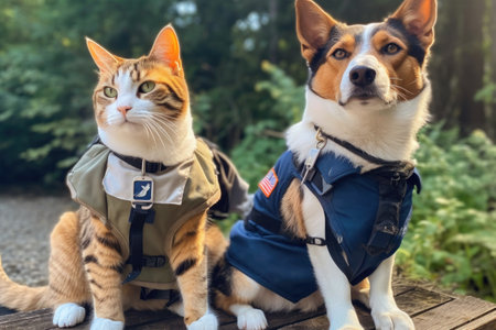 cat and dog dressed in their flight uniforms, ready to take off on their next adventure, created with generative aiの素材