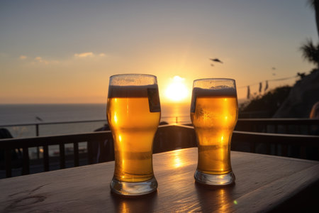 outdoors, with view of the sunset and two glasses of beer, created with generative aiの素材