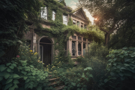 hauntingly beautiful abandoned house, with windows and doors boarded up and overgrown with vegetation, created with generative aiの素材