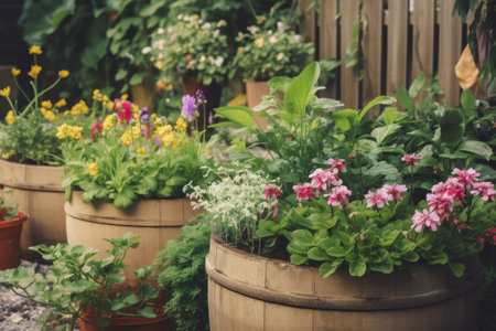 diy garden project with a variety of flowering plants and herbs, created with generative aiの素材
