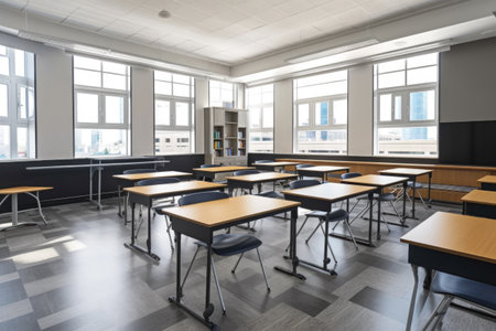 empty classroom with sleek and modern furniture for modern learning environment, created with generative aiの素材
