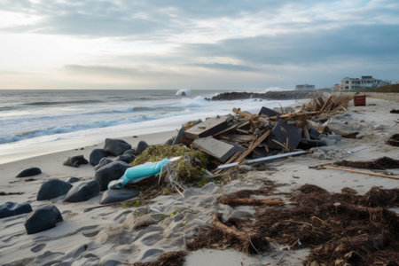 beach cleanup after storm, with debris and wreckage from the storm visible, created with generative aiの素材