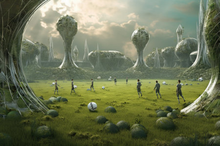 aliens playing soccer on a futuristic, otherworldly field, created with generative aiの素材