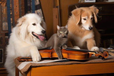 dog on keyboard, cat playing violin in a playful scene, created with generative aiの素材