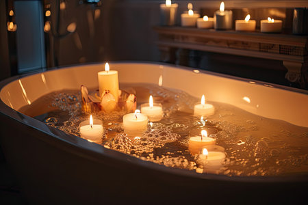 close-up of bathtub filled with warm water and bubbles, surrounded by candles for a peaceful and soothing atmosphere, created with generative aiの素材