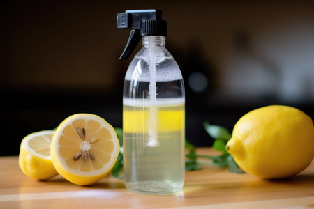 bottle of homemade lemon cleaner, with a spray nozzle attached, for easy and ecofriendly cleaning, created with generative aiの素材