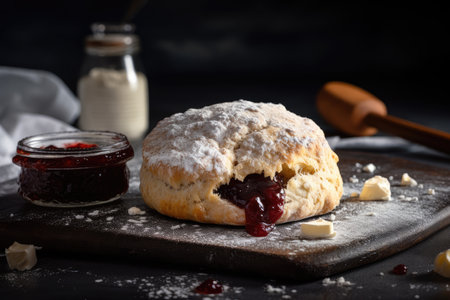 oven-baked scone with sweet strawberry jam and a sprinkle of powdered sugar, created with generative aiの素材