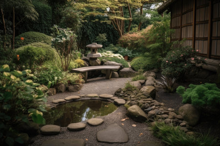 peaceful garden with running water and sound of trickling water, created with generative aiの素材