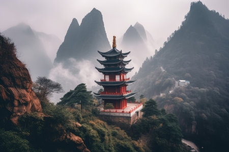 majestic china pagoda rising above misty mountain range, created with generative aiの素材