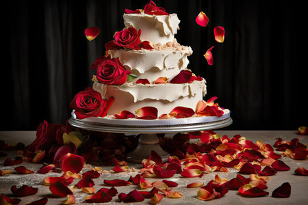 broken wedding cake with cascading icing and rose petals, created with generative aiの素材