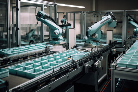 packaging and sorting robots working in perfect harmony, each with its own task to fulfill, created with generative aiの素材