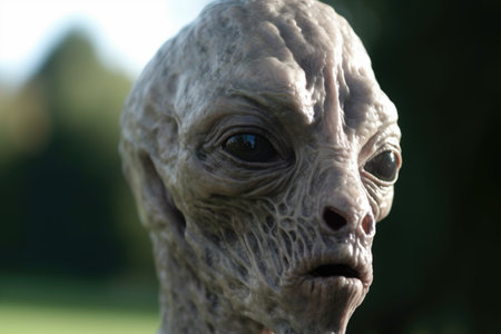 close-up of aliens face, with peaceful and serene expression, enjoying a walk in the park, created with generative aiの素材