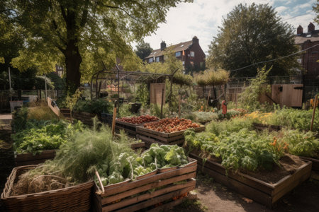 close-up of a community garden with the harvest in full swing, created with generative aiの素材