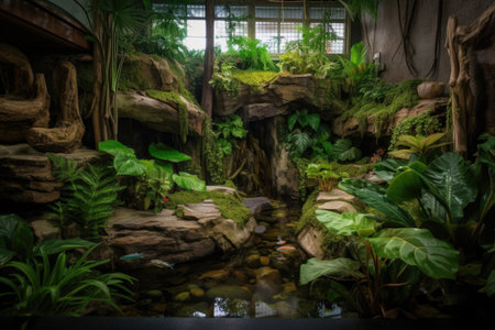exotic pet habitat with waterfall, lush vegetation and natural colors, created with generative aiの素材