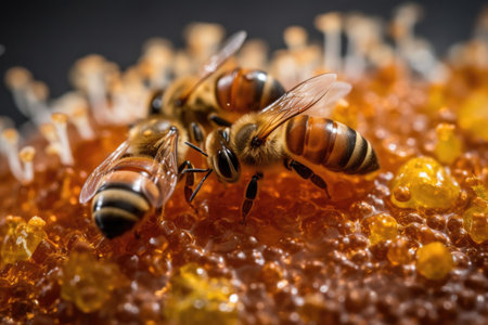 close-up of bee pollen, with its intricate and delicate patterns visible, created with generative aiの素材