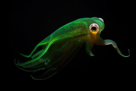 deep-sea squid, its tentacles in attack mode and glowing green, created with generative aiの素材