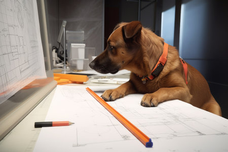 dog, with paw on builders level, drawing lines and measurements for futuristic skyscraper, created with generative aiの素材